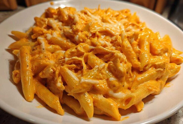 A close-up of a bowl of Cheesy Chicken Queso Pasta Creamy and Rich, topped with melted white cheese.
