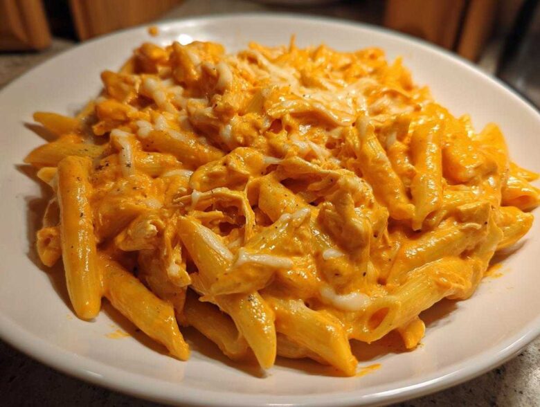 A close-up of a bowl of Cheesy Chicken Queso Pasta Creamy and Rich, topped with melted white cheese.
