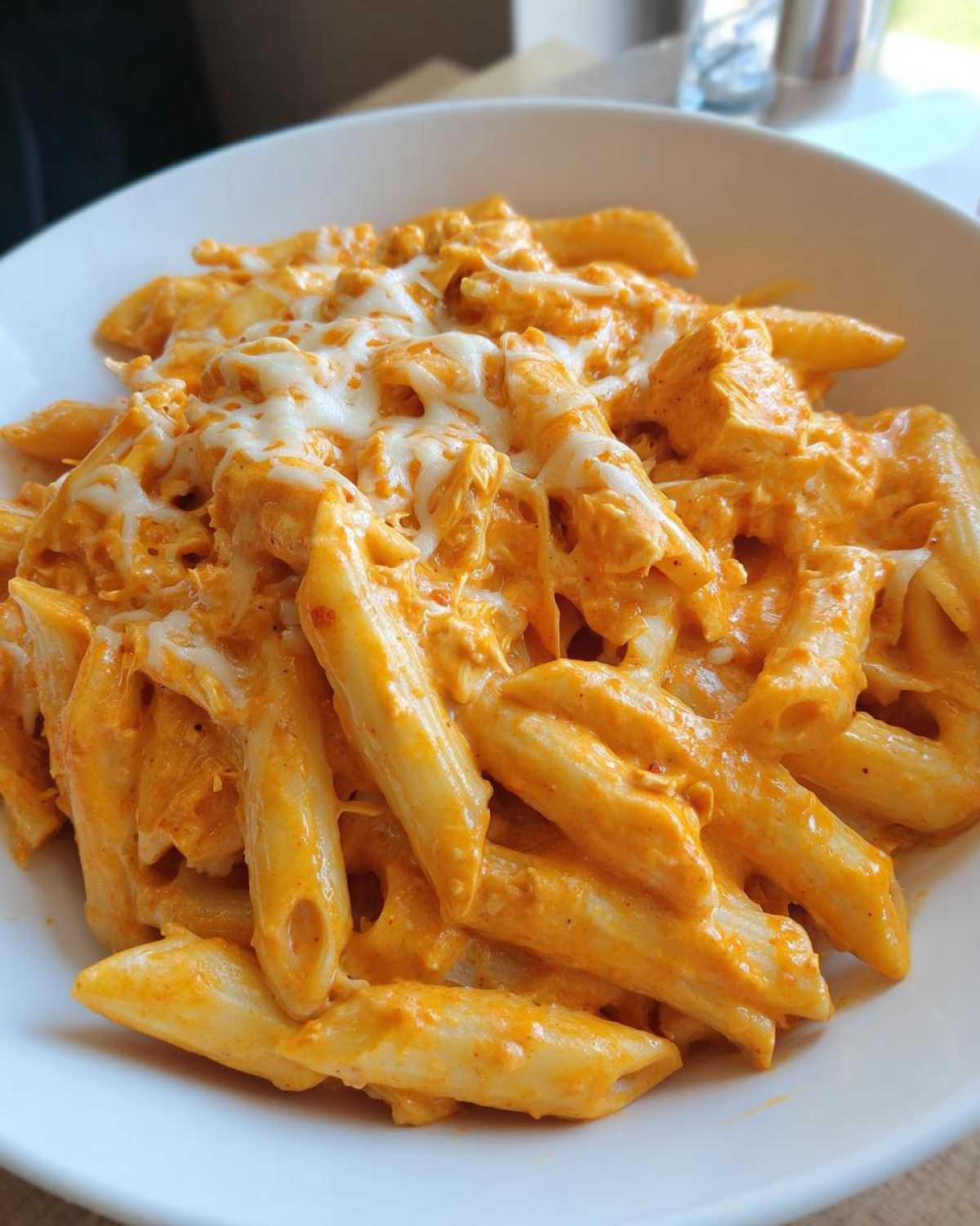 Close-up of penne pasta coated in a rich, orange queso sauce with chunks of chicken and melted white cheese on top, served in a white bowl.