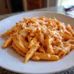 A close-up of Cheesy Chicken Queso Pasta Creamy and Rich served in a white bowl, topped with melted cheese.