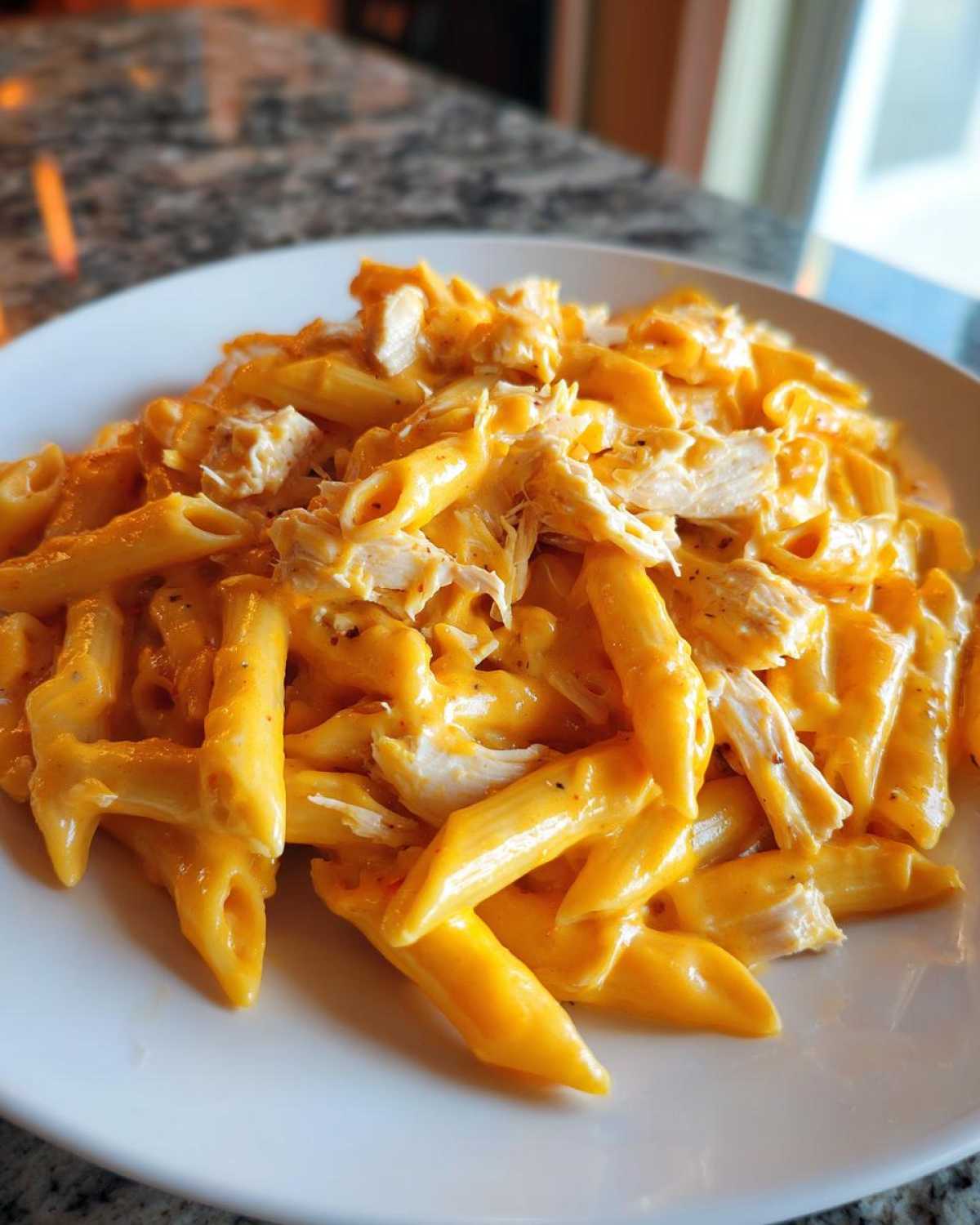 A close-up of a white plate piled high with Cheesy Chicken Queso Pasta Creamy and Rich, featuring penne pasta coated in bright orange queso sauce and shredded chicken.