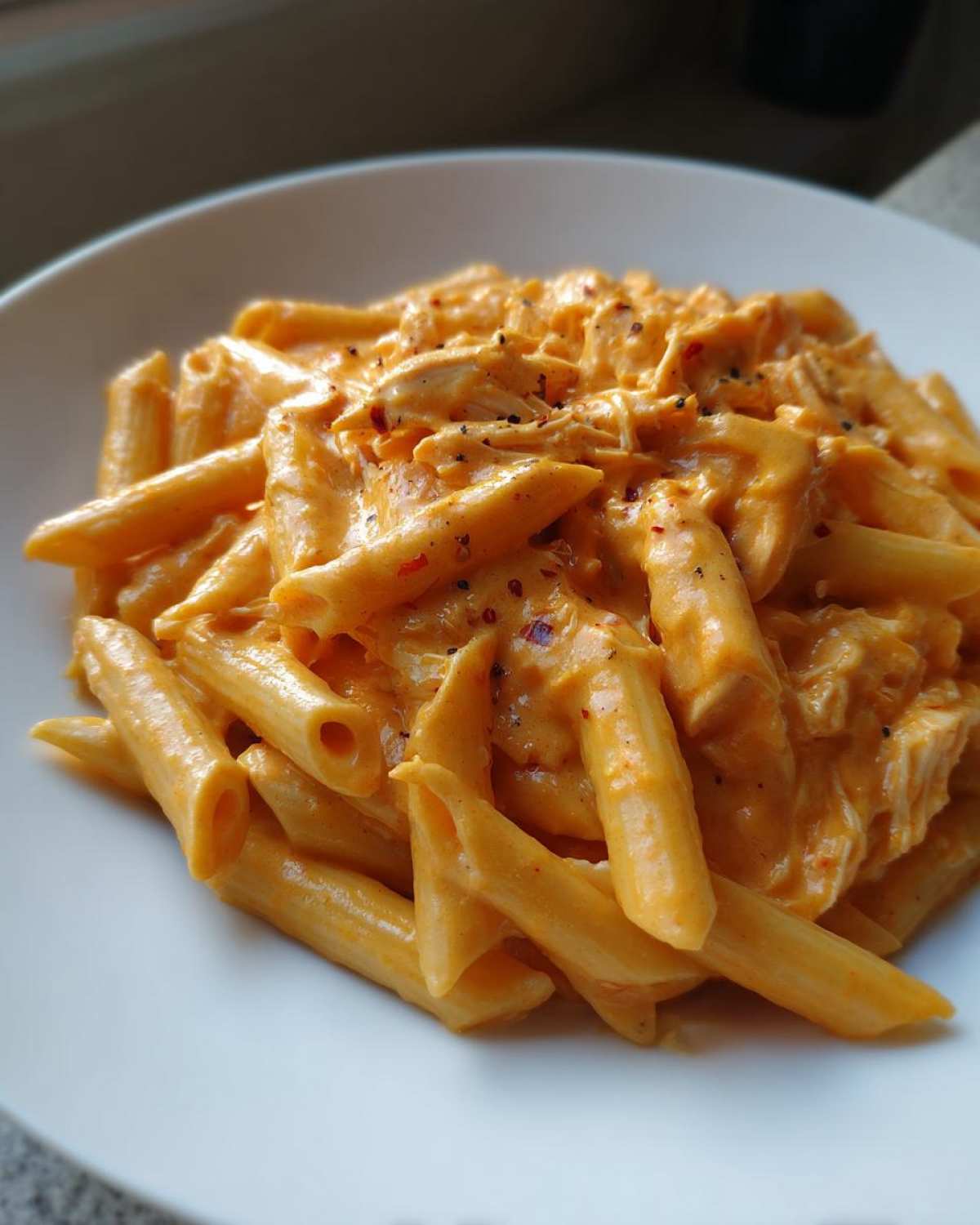 Close-up of penne pasta coated in a rich, creamy orange queso sauce with shredded chicken, seasoned with pepper flakes.