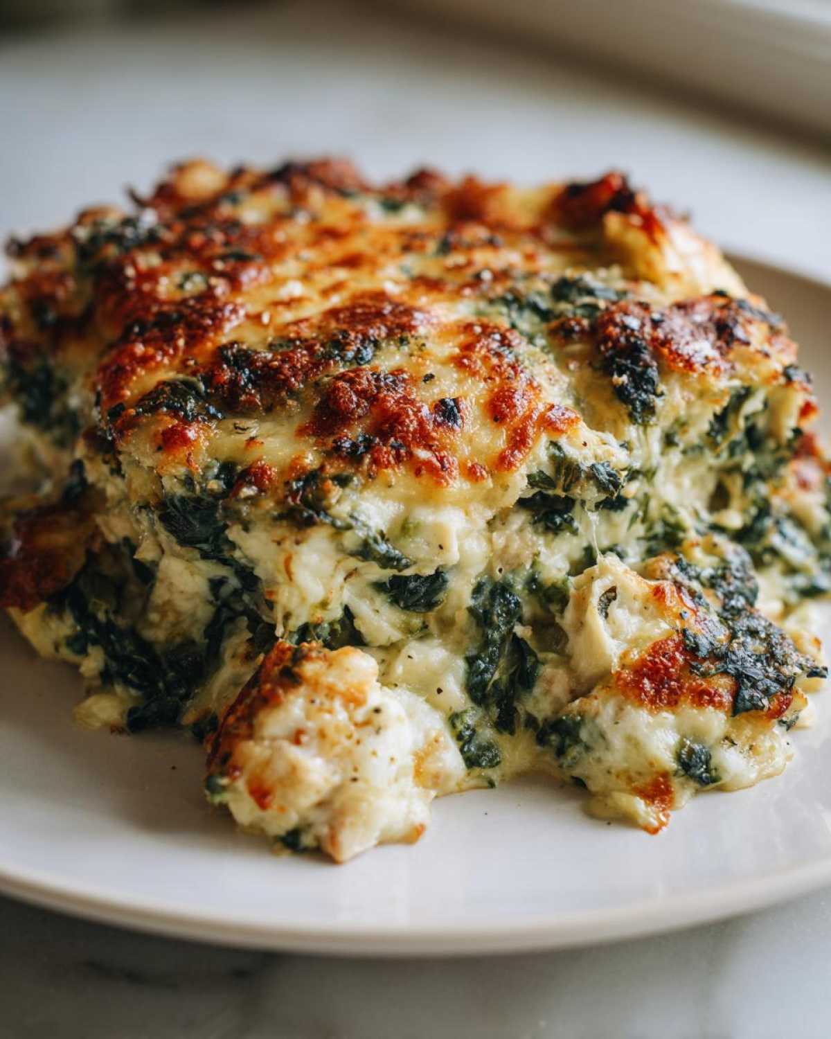 A close-up of a generous serving of Cheesy Chicken and Spinach Bake with a golden-brown, bubbly cheese crust.