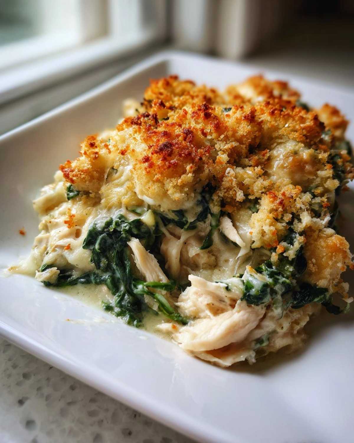 A close-up serving of Cheesy Chicken and Spinach Bake with creamy sauce, shredded chicken, and a golden, crunchy breadcrumb topping.
