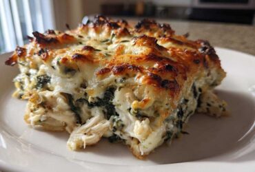 A generous serving of Cheesy Chicken and Spinach Bake Comfort Meal with a golden, bubbly cheese crust.