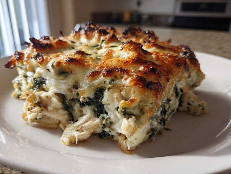 A generous serving of Cheesy Chicken and Spinach Bake Comfort Meal with a golden, bubbly cheese crust.