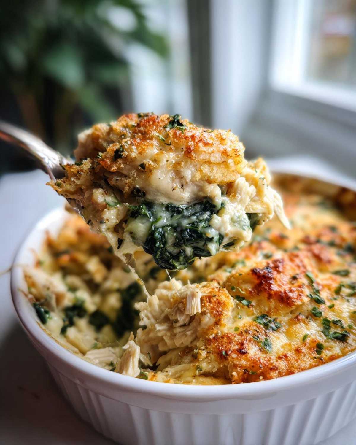 A spoonful of Cheesy Chicken and Spinach Bake showing shredded chicken, creamy sauce, and wilted spinach being lifted from a white ramekin.