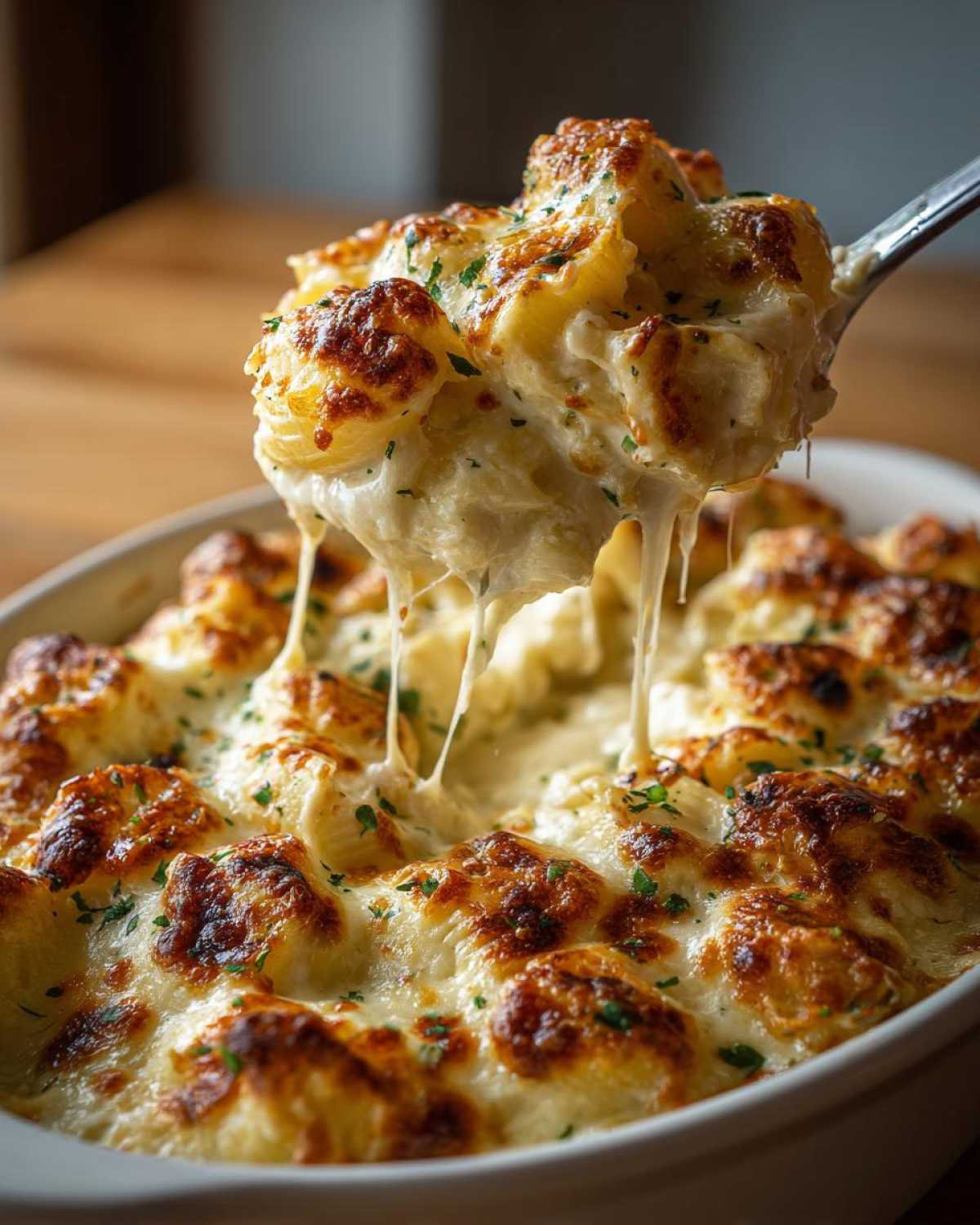 A spoonful of Cheesy Chicken Stuffed Pasta with Cream Sauce showing extreme cheese pull from the baked casserole dish.