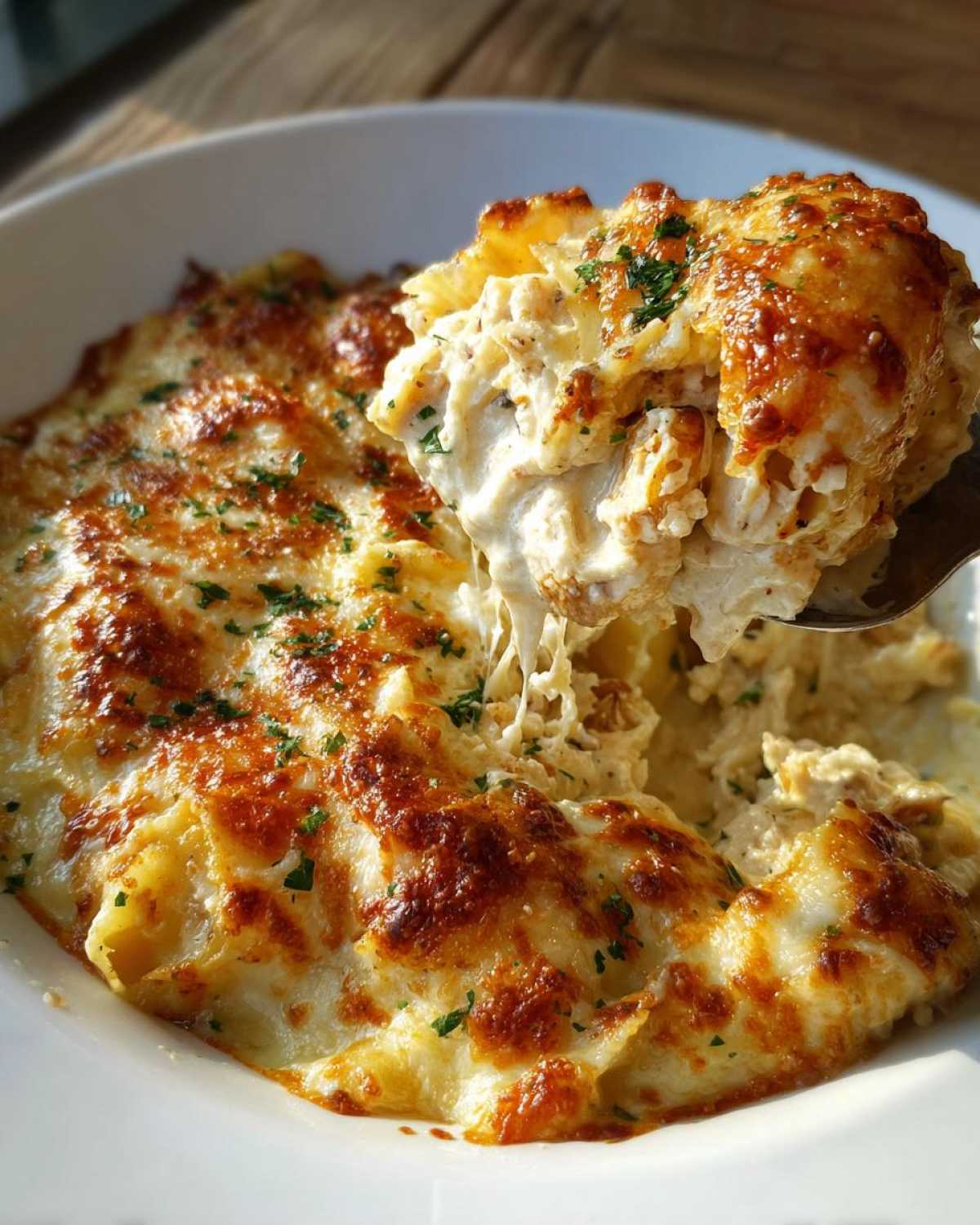 A spoonful of Cheesy Chicken Stuffed Pasta with Cream Sauce showing melted cheese pull and baked topping.