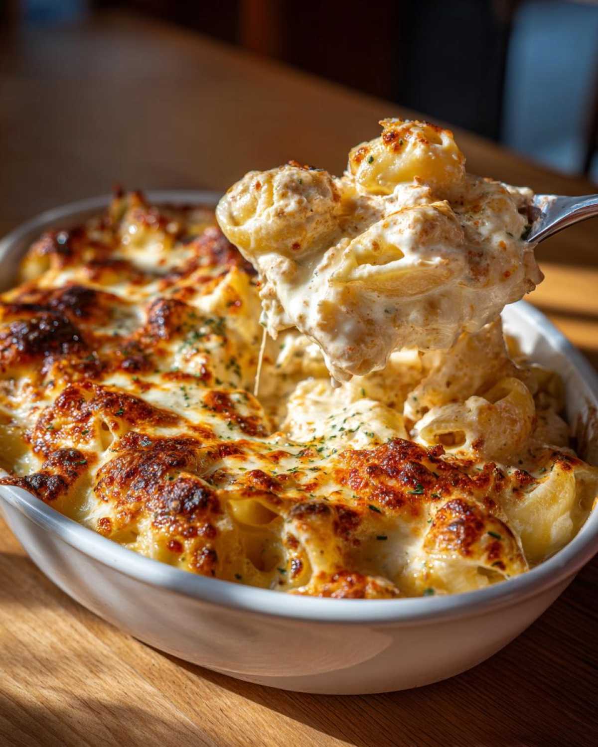 A fork lifts a creamy, cheesy scoop of Cheesy Chicken Stuffed Pasta with Cream Sauce from a baked casserole dish.