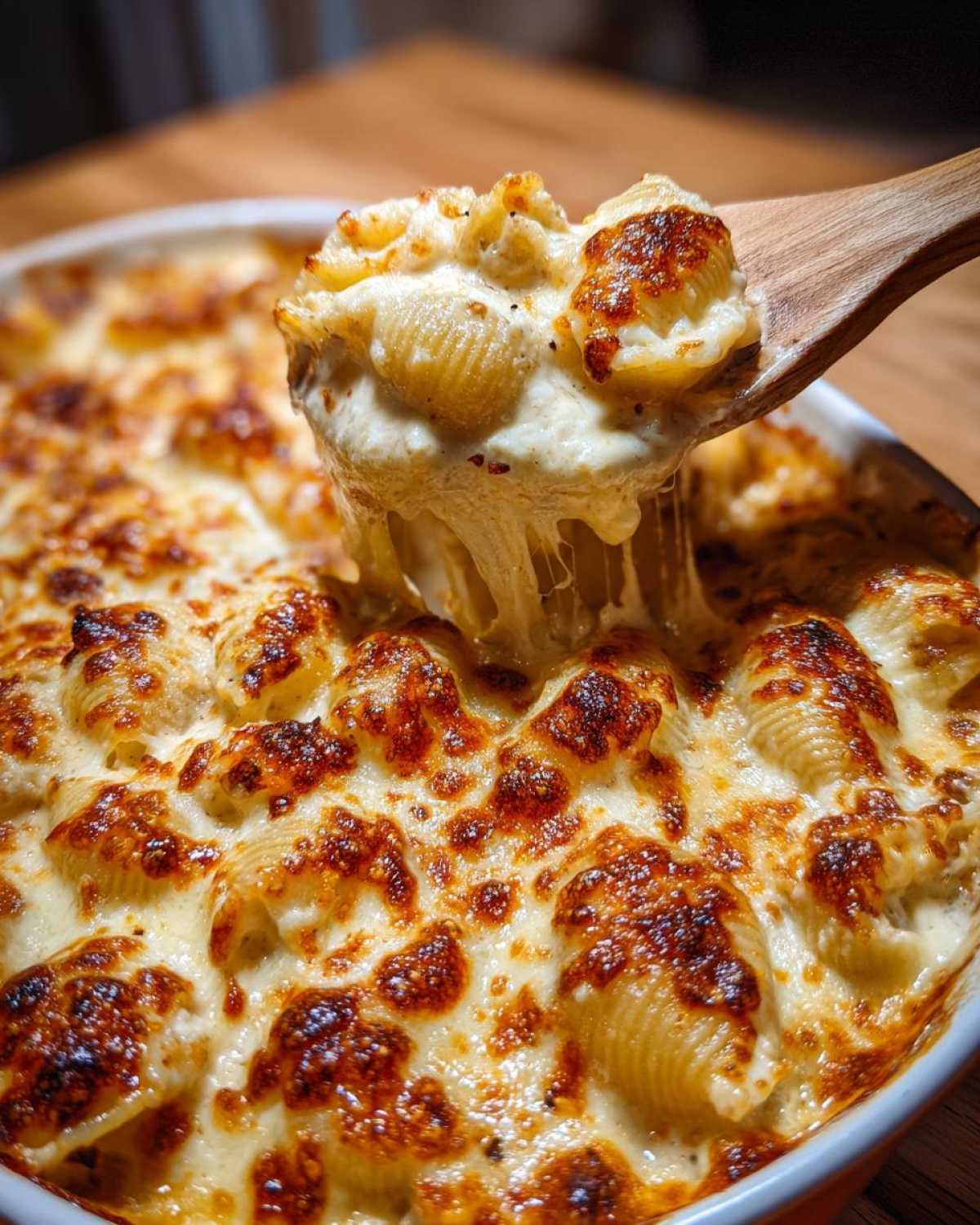 A wooden spoon lifting a scoop of Cheesy Chicken Stuffed Pasta with Cream Sauce, showing melted, stringy cheese.