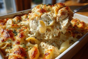 A spoonful of Cheesy Chicken Stuffed Pasta with Cream Sauce being lifted from a baking dish, showing melted cheese and filling.