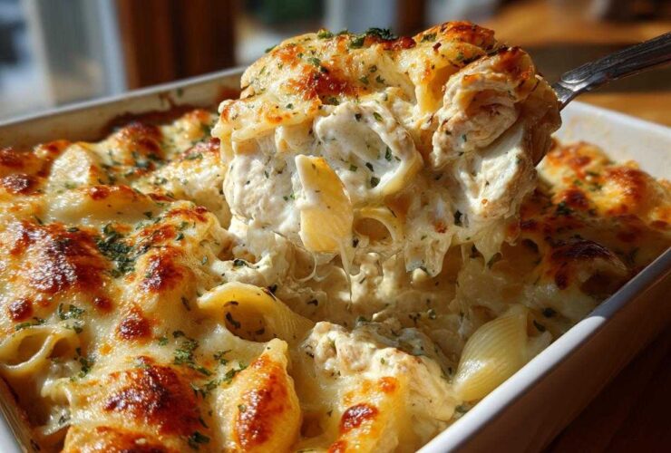 A spoonful of Cheesy Chicken Stuffed Pasta with Cream Sauce being lifted from a baking dish, showing melted cheese and filling.