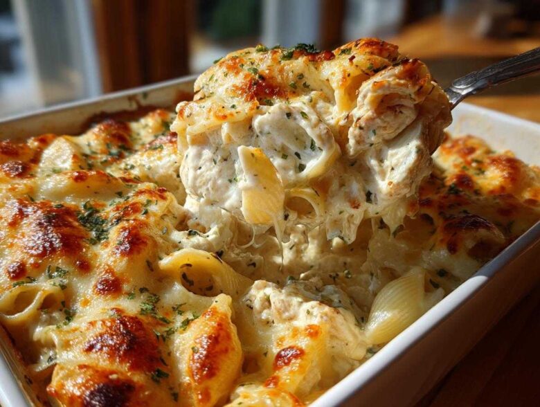 A spoonful of Cheesy Chicken Stuffed Pasta with Cream Sauce being lifted from a baking dish, showing melted cheese and filling.
