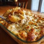 A spoonful of Cheesy Chicken Stuffed Pasta with Cream Sauce being lifted from a glass baking dish, showing melted cheese.