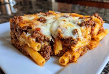 A close-up of a thick slice of Cheesy Ground Beef Pasta Bake with creamy sauce, topped with melted mozzarella.