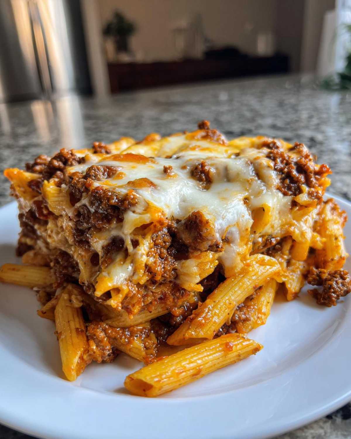 A generous serving of Cheesy Ground Beef Pasta Bake with Creamy Sauce, topped with melted mozzarella, on a white plate.