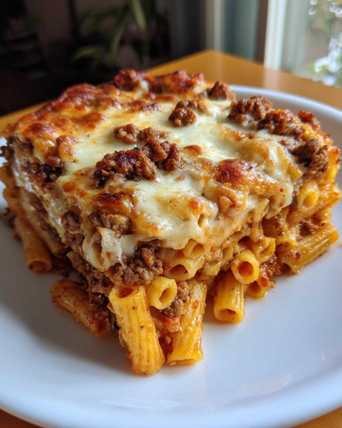 A generous serving of Cheesy Ground Beef Pasta Bake with creamy sauce, featuring baked ziti pasta and a browned, melted cheese topping.