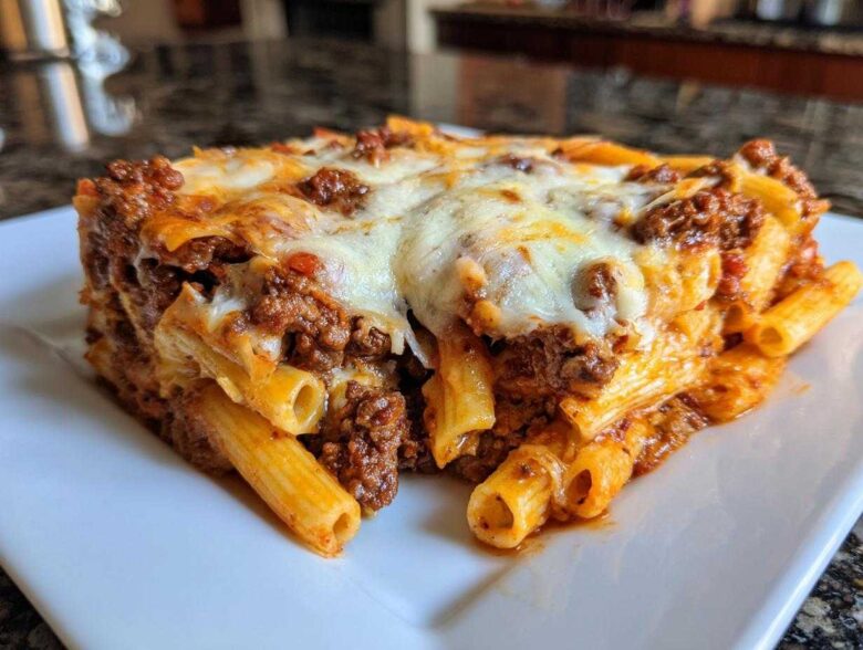 A close-up of a thick slice of Cheesy Ground Beef Pasta Bake with creamy sauce, topped with melted mozzarella.
