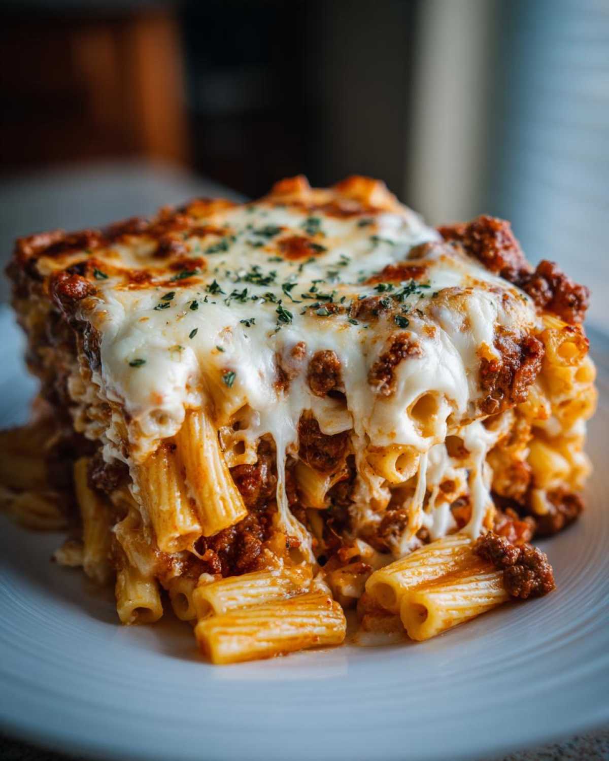 A thick slice of Cheesy Ground Beef Pasta Bake with creamy sauce, showing melted, dripping mozzarella cheese and ground meat sauce.