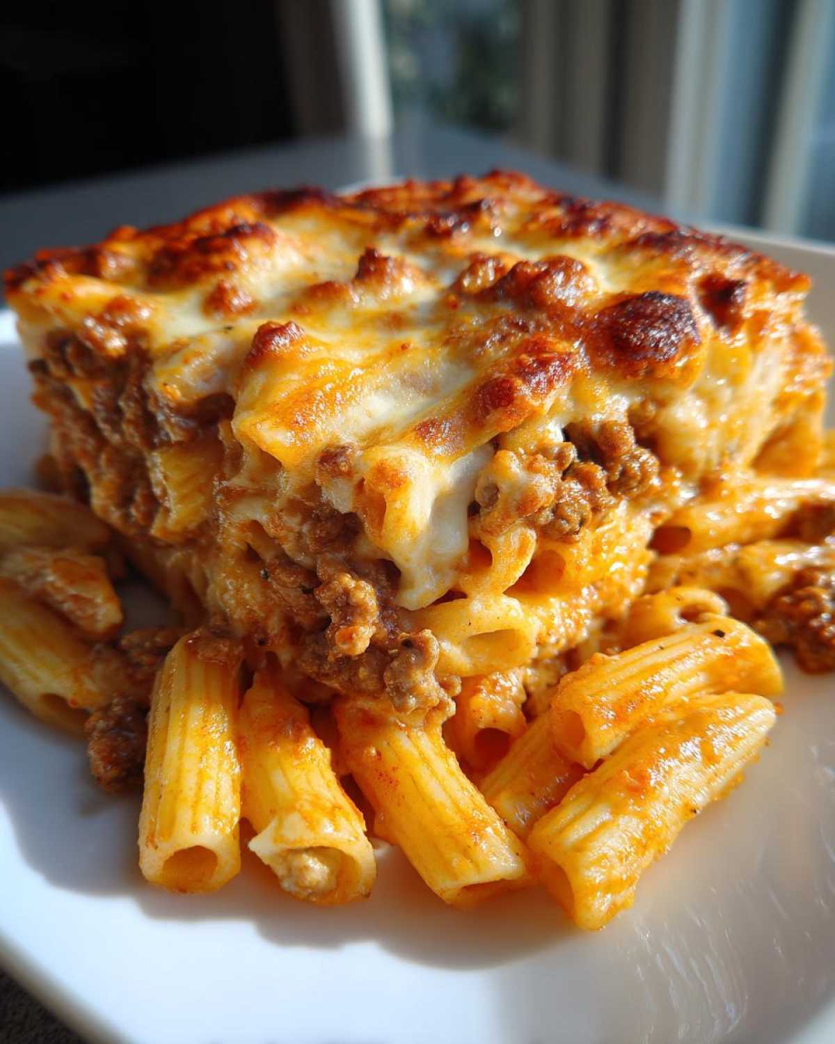 A close-up of a hearty serving of Cheesy Ground Beef Pasta Bake with Creamy Sauce, featuring baked, bubbly cheese on top.