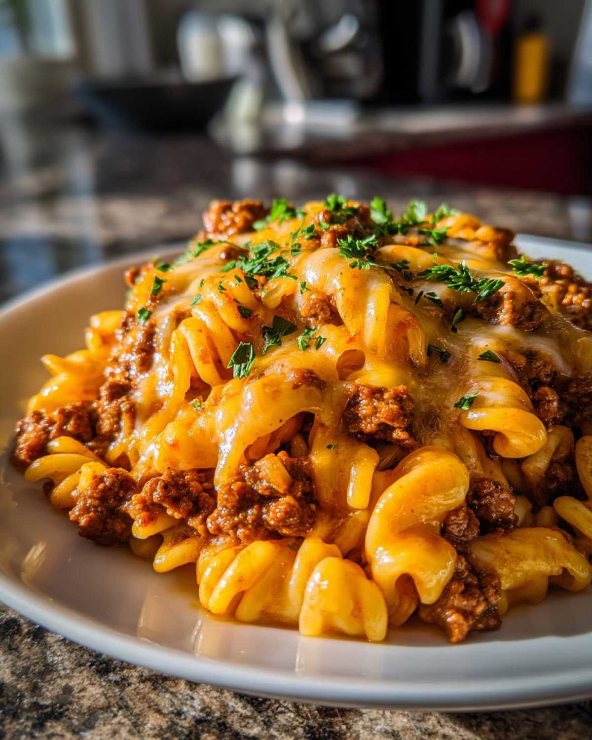 Close-up of Cheesy Ground Beef Pasta Skillet featuring rotini pasta, rich ground beef sauce, and melted cheese topping garnished with parsley.