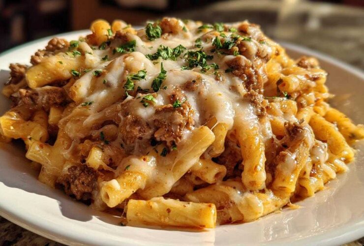 Close-up of Cheesy Ground Beef Pasta Skillet with melted mozzarella and fresh parsley garnish.