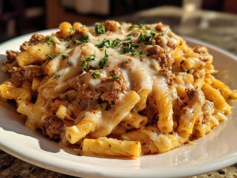 Close-up of Cheesy Ground Beef Pasta Skillet with melted mozzarella and fresh parsley garnish.