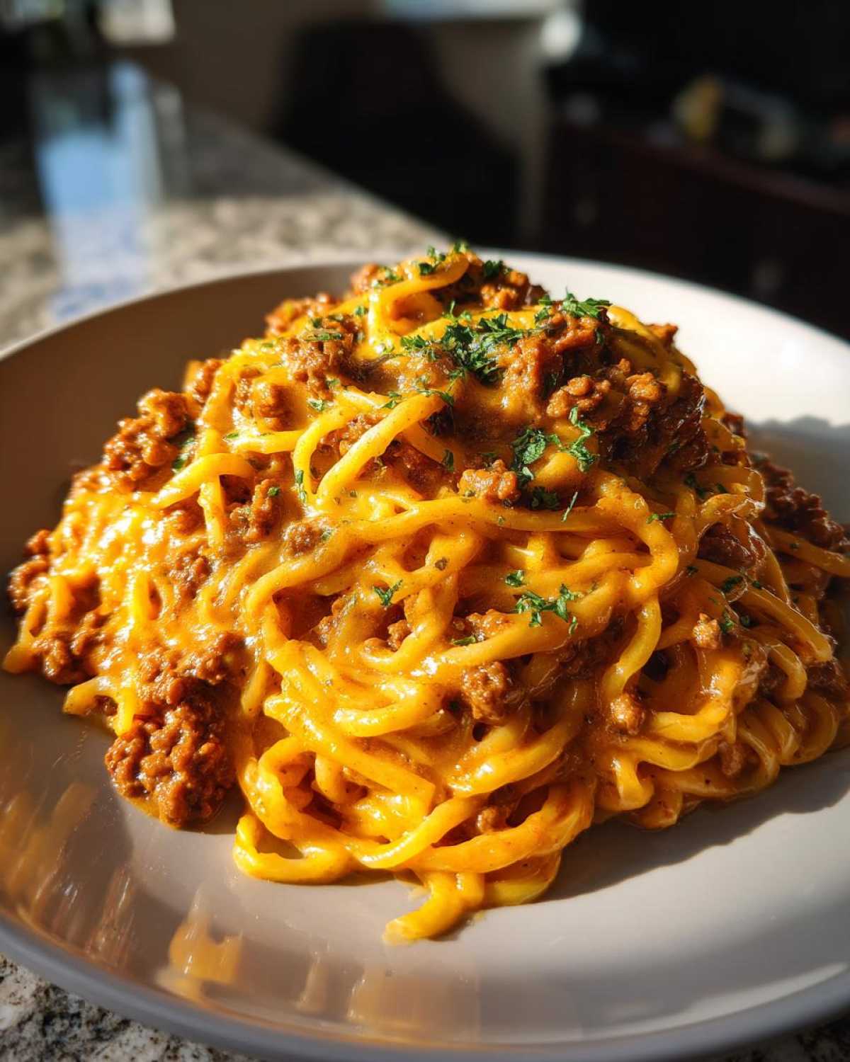 A close-up of Cheesy Ground Beef Pasta Skillet, featuring spaghetti coated in a rich, orange cheese sauce and ground beef.