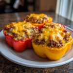 Four baked Cheesy Ground Beef Stuffed Peppers, two red and two yellow, topped with melted cheddar cheese.