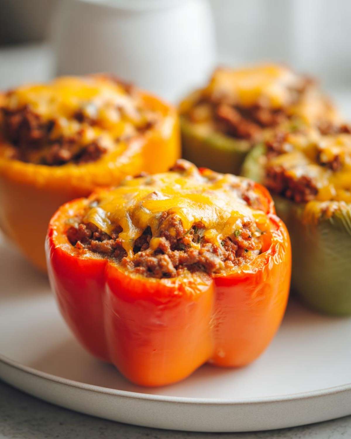 Close-up of bright orange Cheesy Ground Beef Stuffed Peppers Easy Bake topped with melted cheddar cheese.