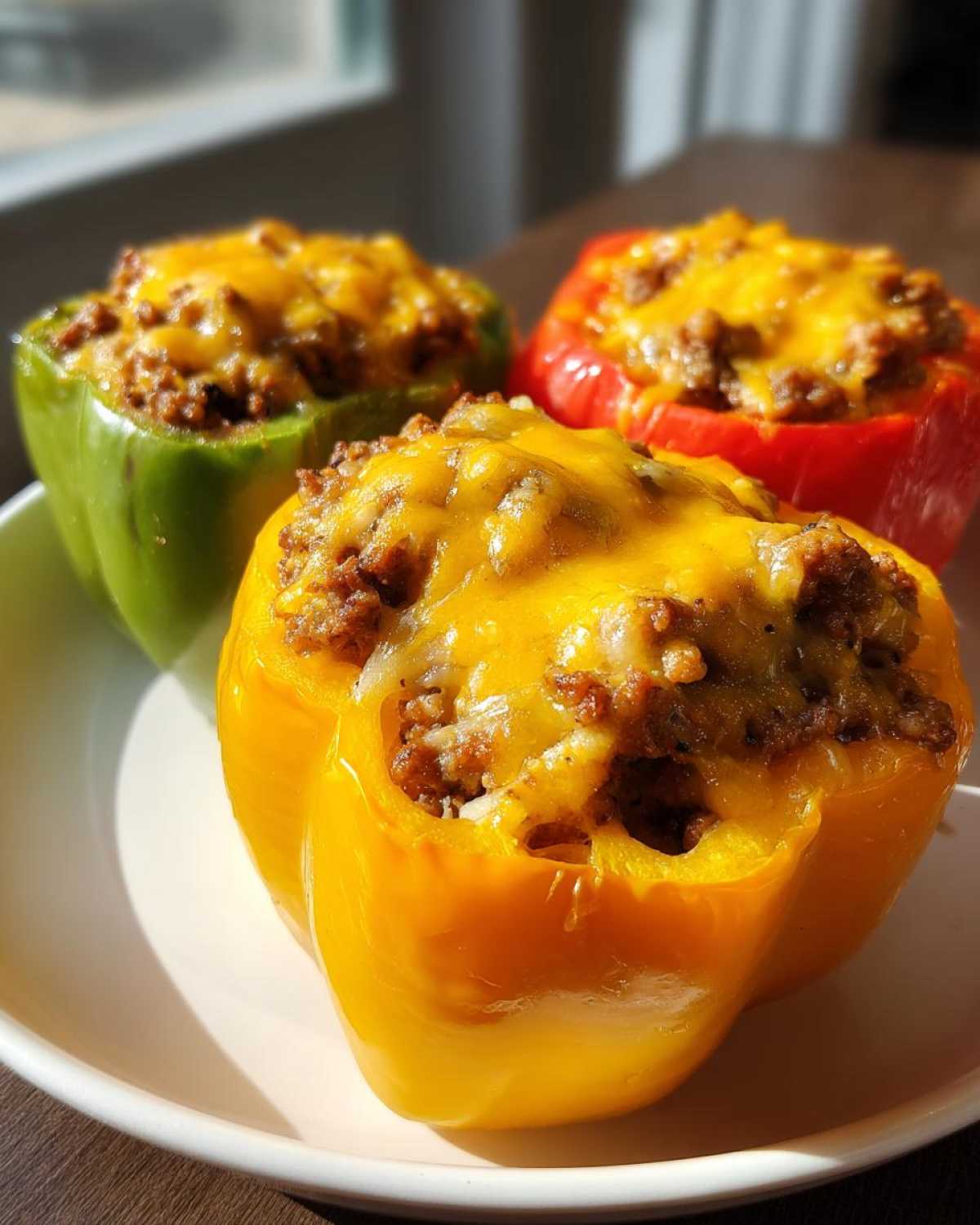 Three colorful stuffed peppers (yellow, green, and red) filled with ground beef mixture and topped with melted cheddar cheese.