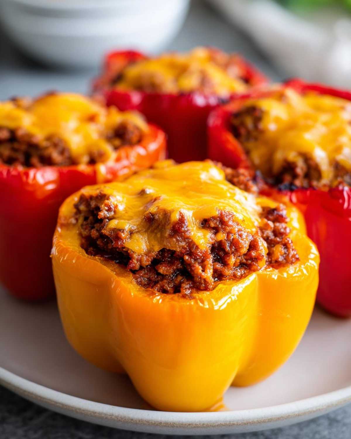 Close-up of baked Cheesy Ground Beef Stuffed Peppers, featuring a yellow pepper in the foreground topped with melted cheddar.