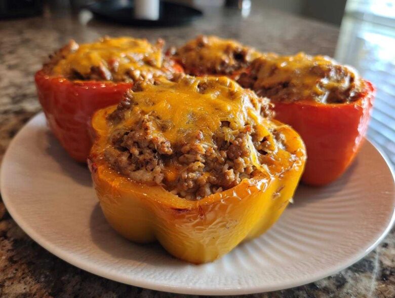 Close-up of baked Cheesy Ground Beef Stuffed Peppers, featuring a yellow pepper in the foreground topped with melted cheddar.