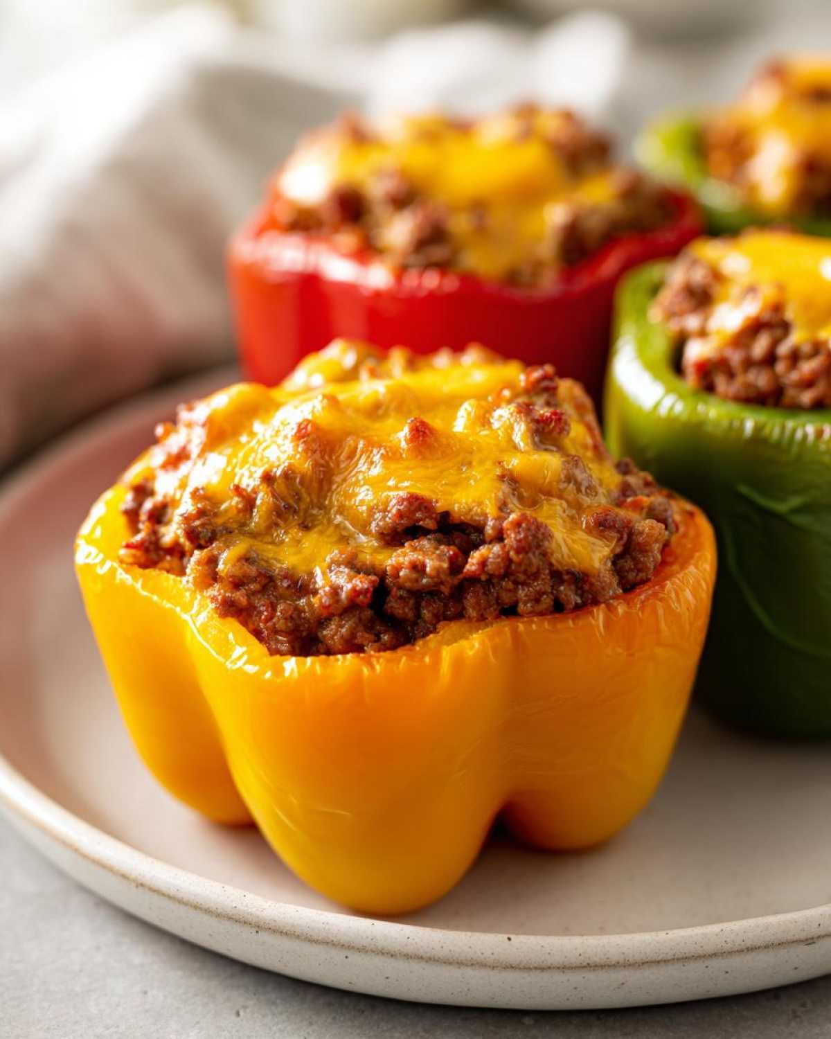 Close-up of a bright yellow Cheesy Ground Beef Stuffed Peppers Easy Bake topped with melted cheddar cheese.