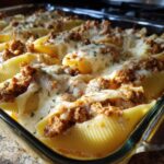 Baked Cheesy Ground Beef Stuffed Shells with a rich cream sauce and melted mozzarella topping.