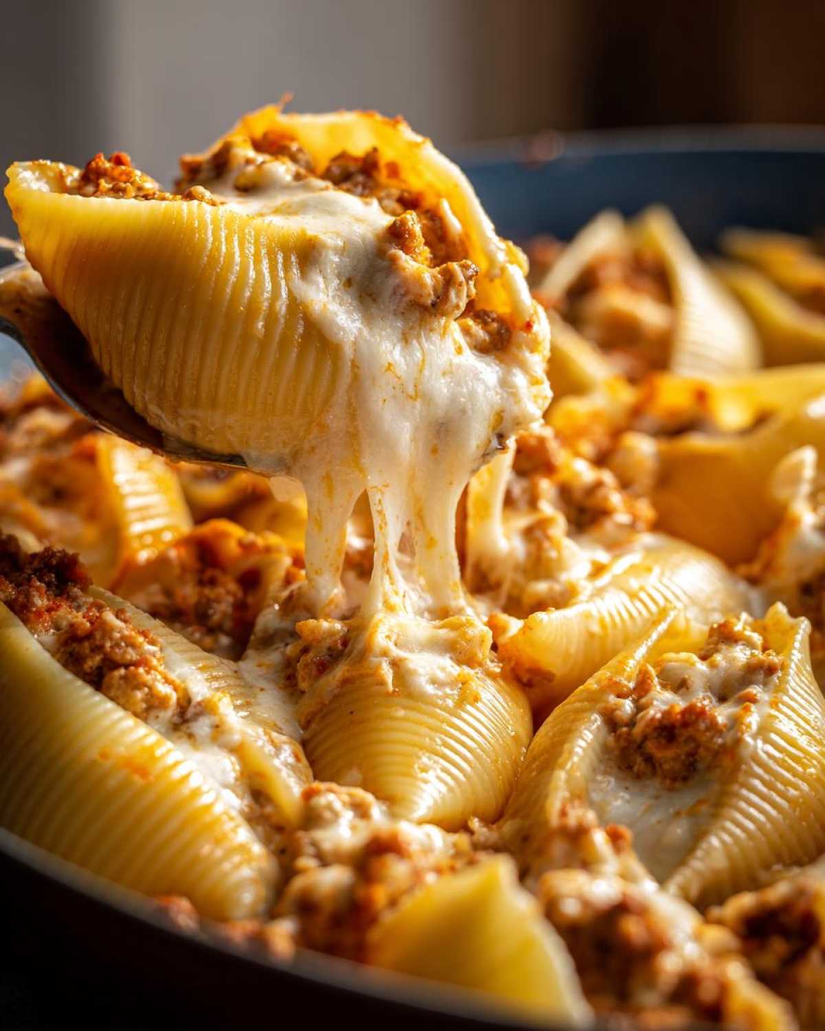 A spoonful of Cheesy Ground Beef Stuffed Shells with Cream Sauce showing a dramatic cheese pull.