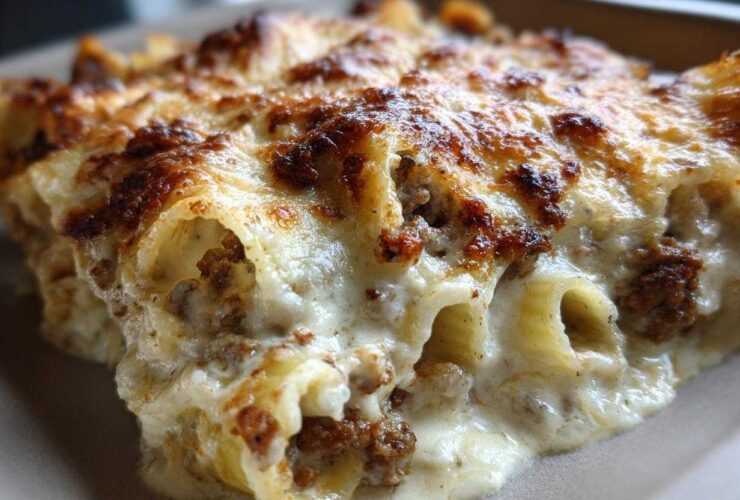 Close-up of baked Cheesy Ground Beef Stuffed Shells with Cream Sauce, featuring a golden-brown, bubbly cheese topping.