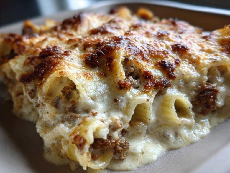 Close-up of baked Cheesy Ground Beef Stuffed Shells with Cream Sauce, featuring a golden-brown, bubbly cheese topping.