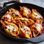 Close-up of baked Cheesy Ground Beef Stuffed Shells Easy Bake covered in melted mozzarella and marinara sauce in a cast iron skillet.