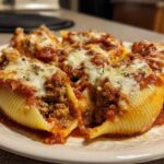 Close-up of baked Cheesy Ground Beef Stuffed Shells Easy Bake covered in marinara sauce and melted mozzarella cheese.