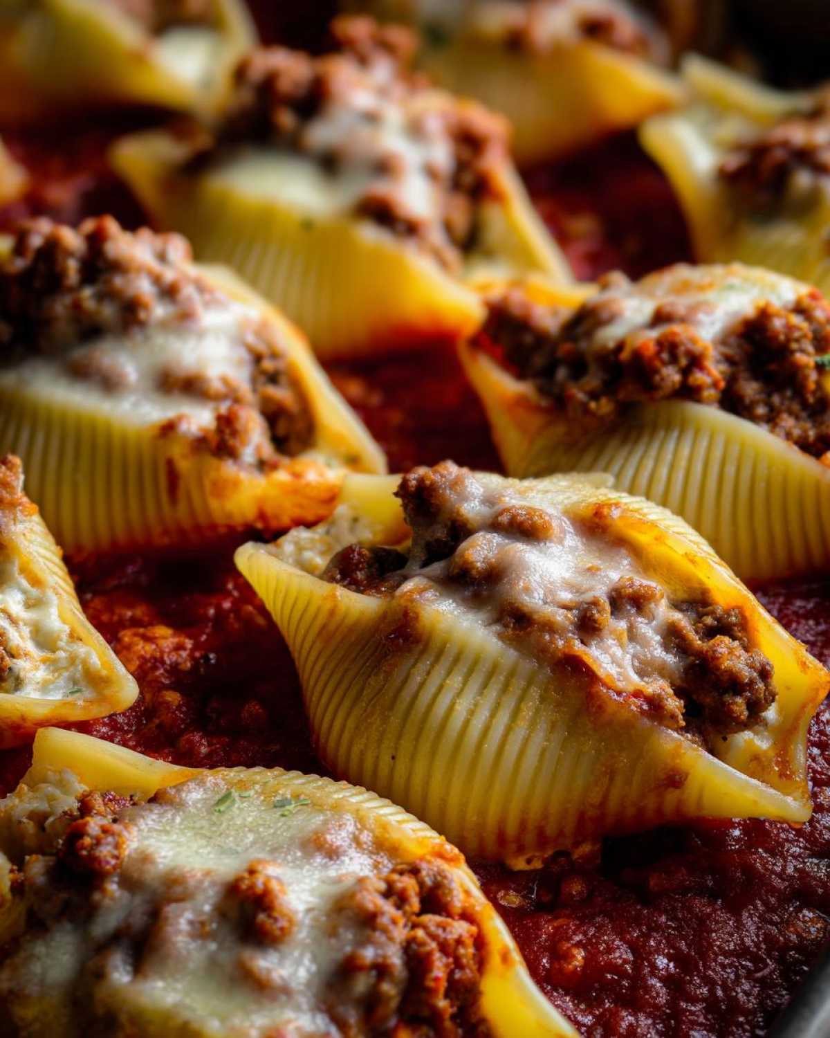 Close-up of baked Cheesy Ground Beef Stuffed Shells covered in melted mozzarella in rich tomato sauce.