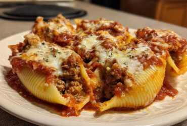 Close-up of baked Cheesy Ground Beef Stuffed Shells Easy Bake covered in marinara sauce and melted mozzarella cheese.