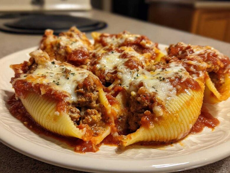 Close-up of baked Cheesy Ground Beef Stuffed Shells Easy Bake covered in marinara sauce and melted mozzarella cheese.