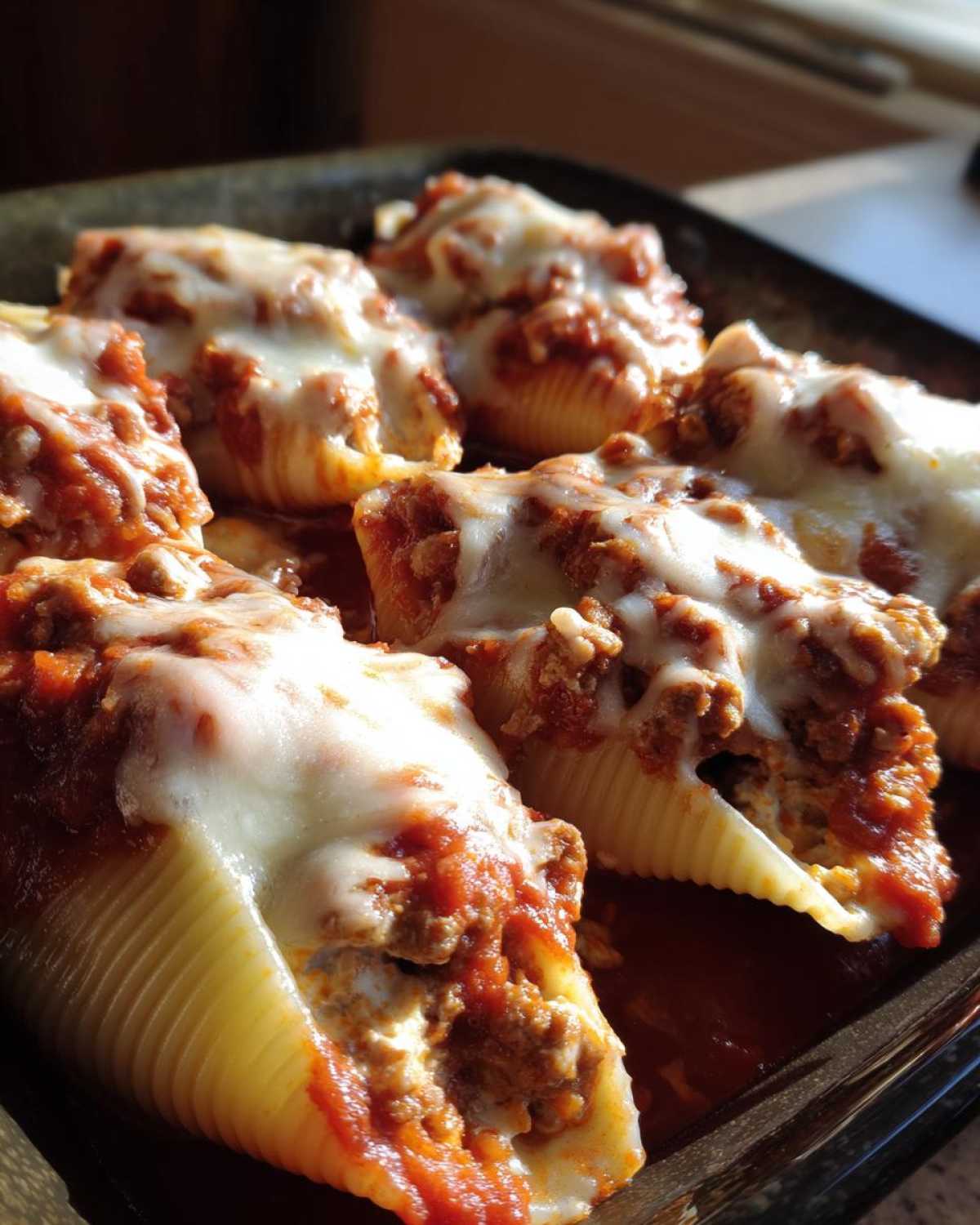 Close-up of baked Cheesy Ground Beef Stuffed Shells Easy Bake covered in melted mozzarella cheese and marinara sauce.