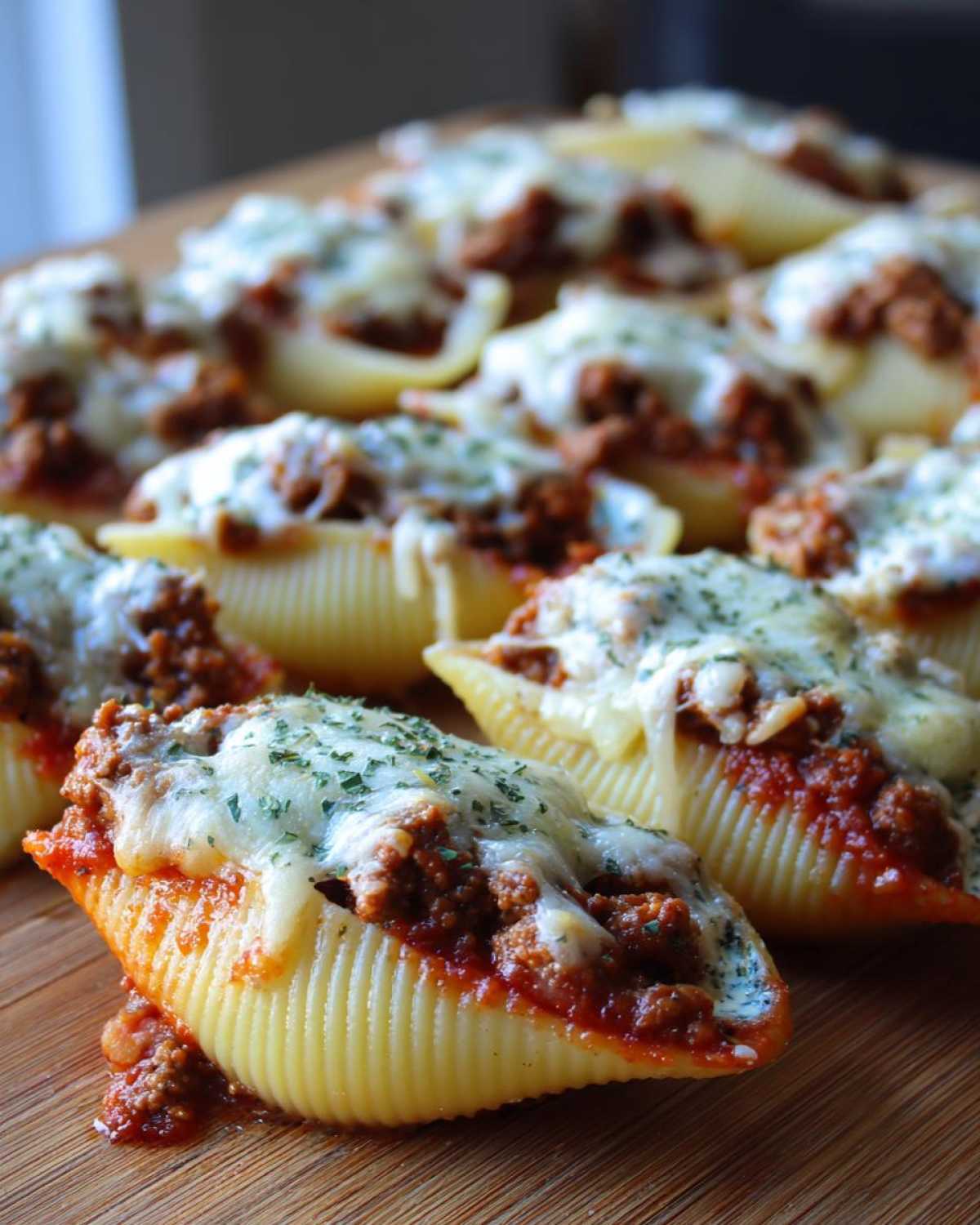 Close-up of baked Cheesy Ground Beef Stuffed Shells topped with melted mozzarella and parsley.