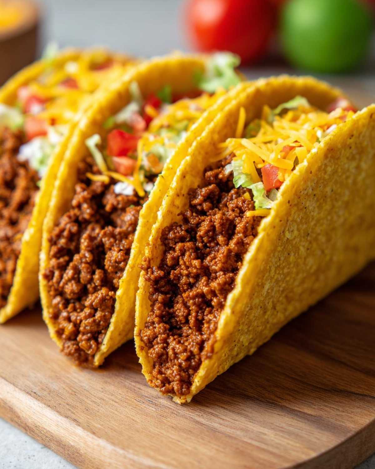 Close-up of three crispy shell Cheesy Ground Beef Tacos filled with seasoned meat, lettuce, tomato, and shredded cheese.