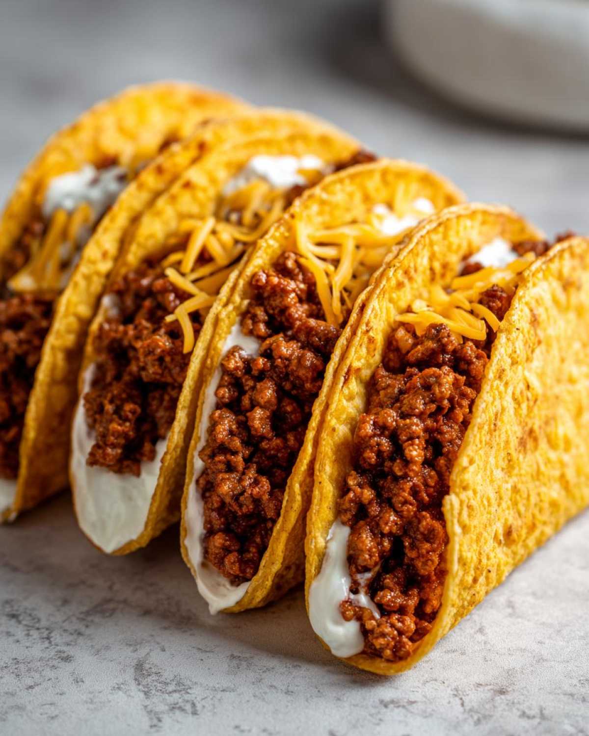 A close-up row of four crispy tacos filled with seasoned ground beef, creamy white filling, and shredded cheese, representing Cheesy Ground Beef Tacos.