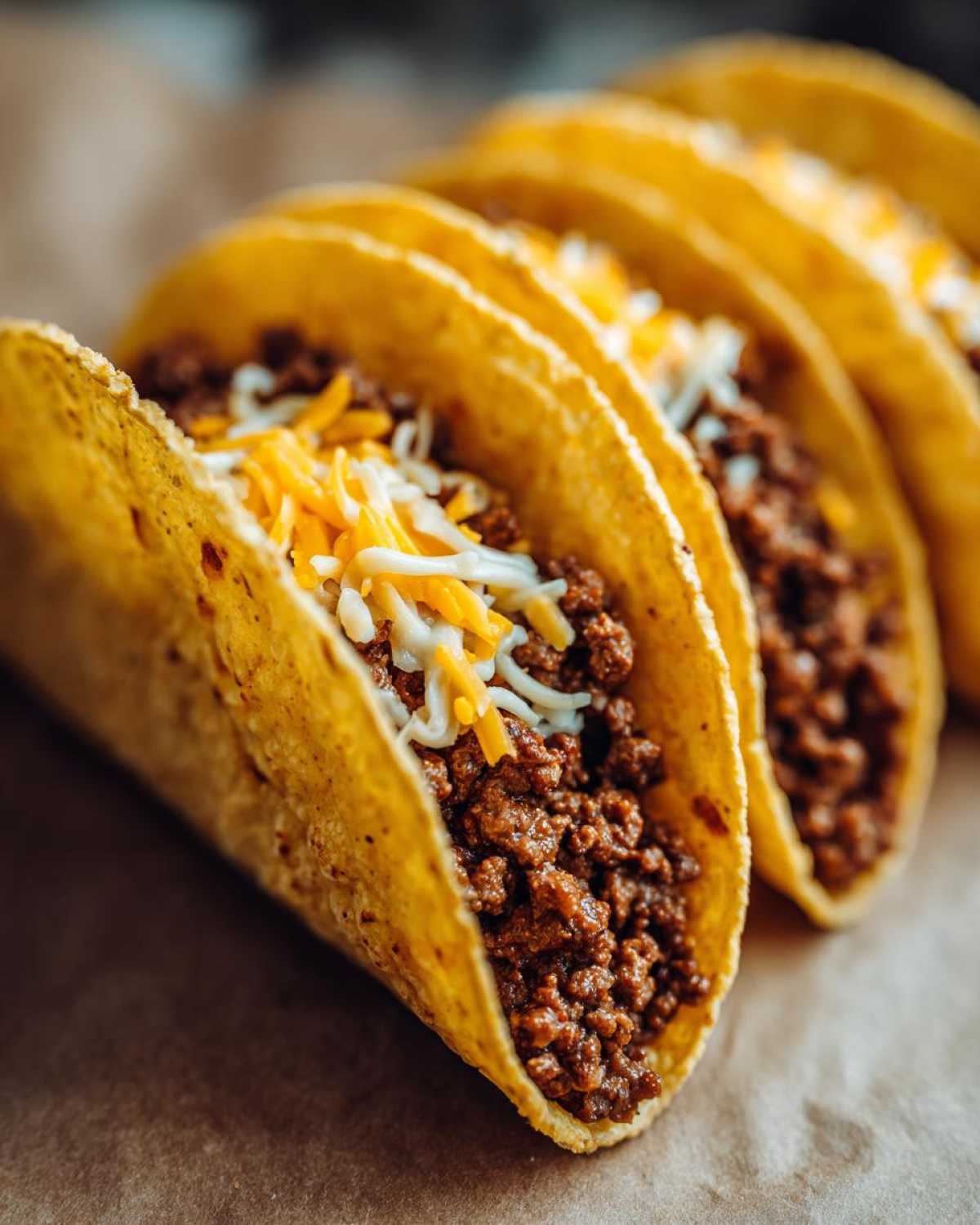 A row of crispy hard-shell Cheesy Ground Beef Tacos filled with seasoned meat and topped with shredded cheese.
