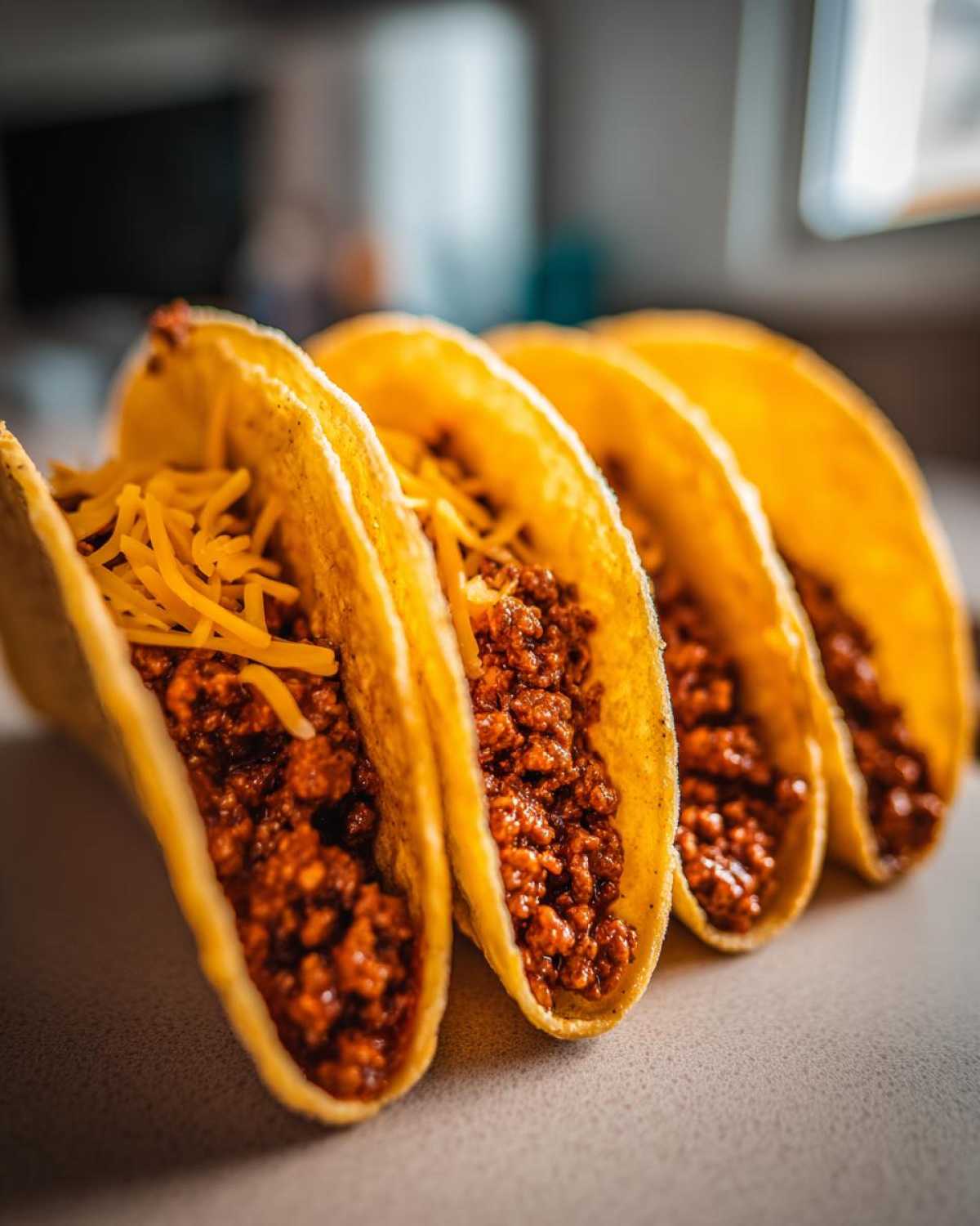 A close-up row of four crispy shell Cheesy Ground Beef Tacos filled with seasoned meat and topped with shredded cheddar.